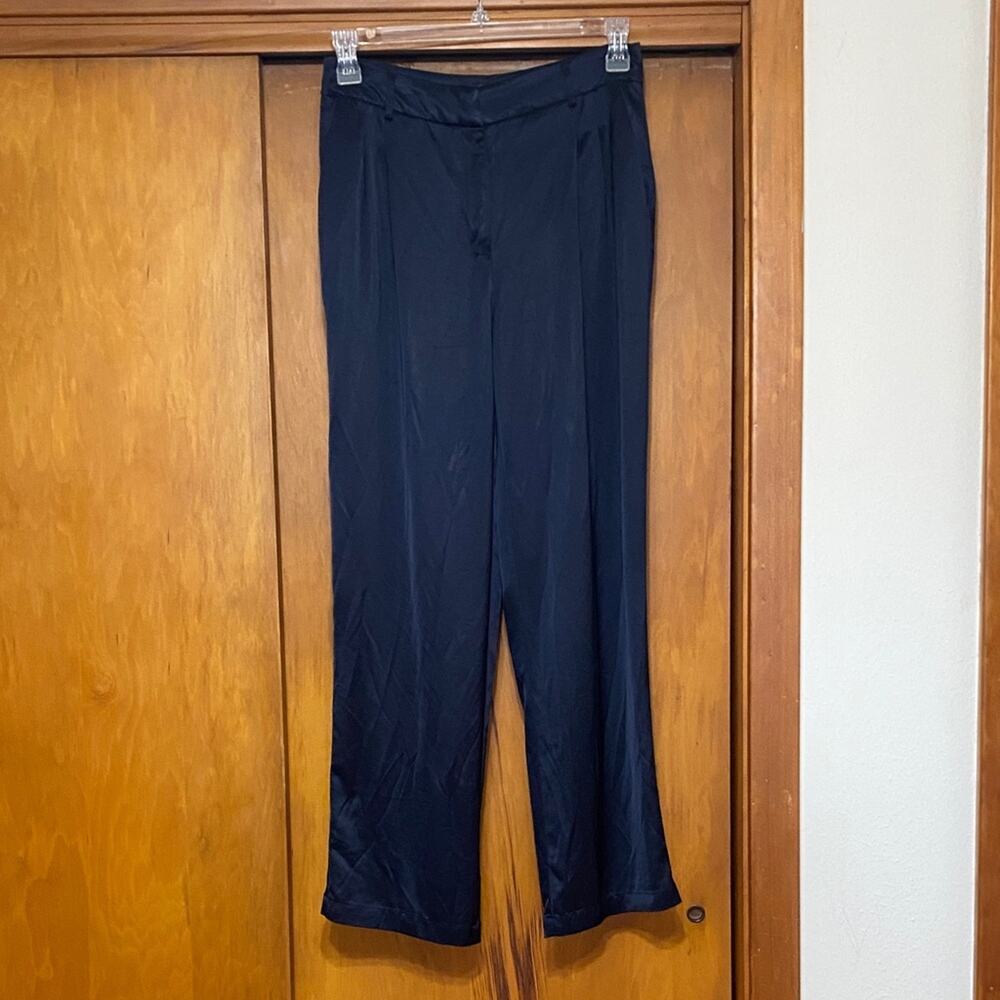 House of Harlow 1960 Navy Blue Satin Shine Wide Leg Pants Pockets Belt Loops